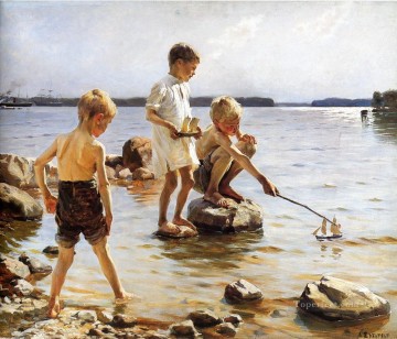 子供 Painting - 海辺で遊ぶ少年たち 子供の印象派